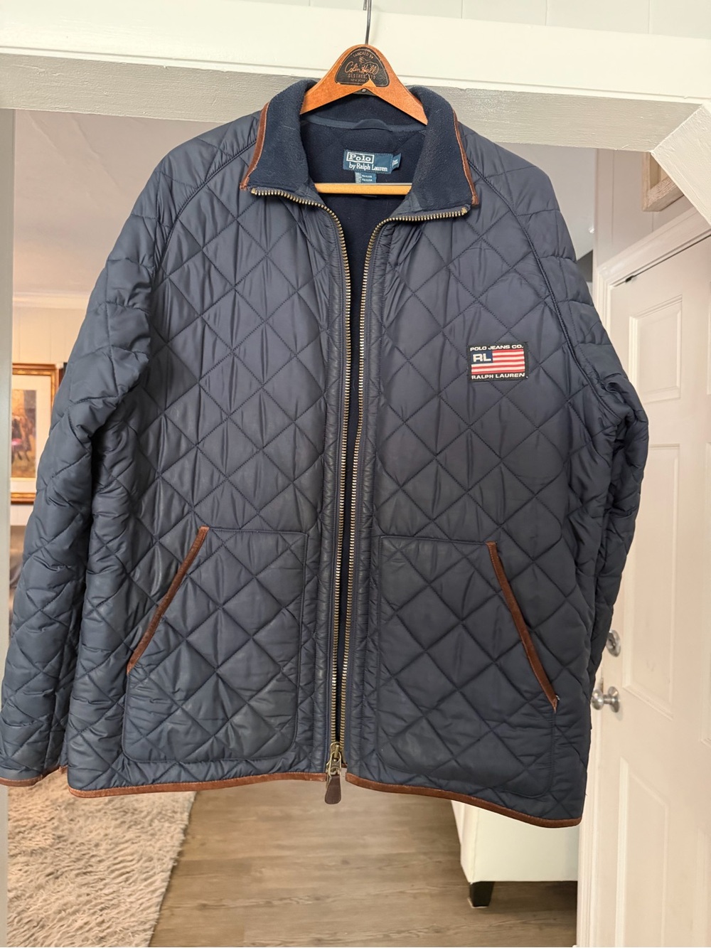 Ralph Lauren Navy Quilted Diamond Puffer Jacket with Brown Trim